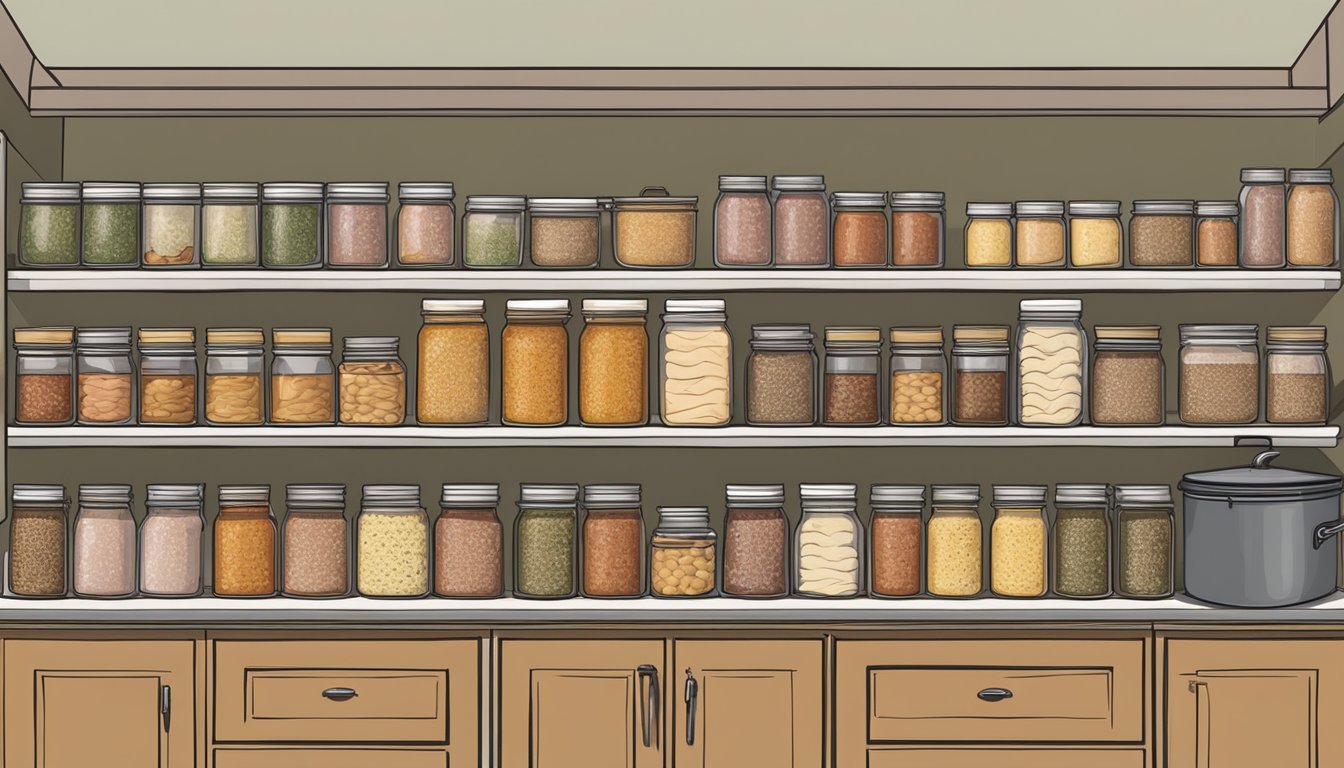 A shelf with rows of canned hams, some labeled with expiration dates, surrounded by jars of spices and a canning pot on a stove