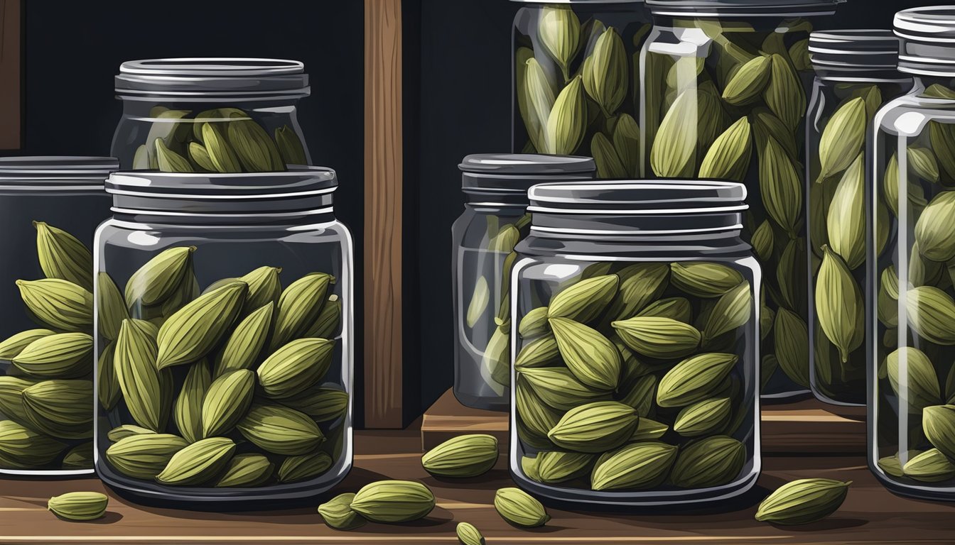 A glass jar filled with fresh cardamom pods, sealed tightly with a lid, sitting on a shelf in a cool, dark pantry