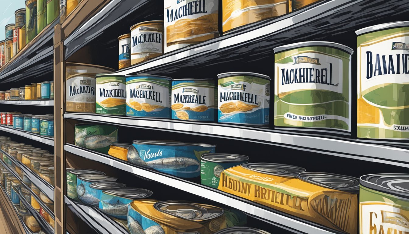 A pantry shelf with a row of canned mackerel, some cans showing signs of rust and wear