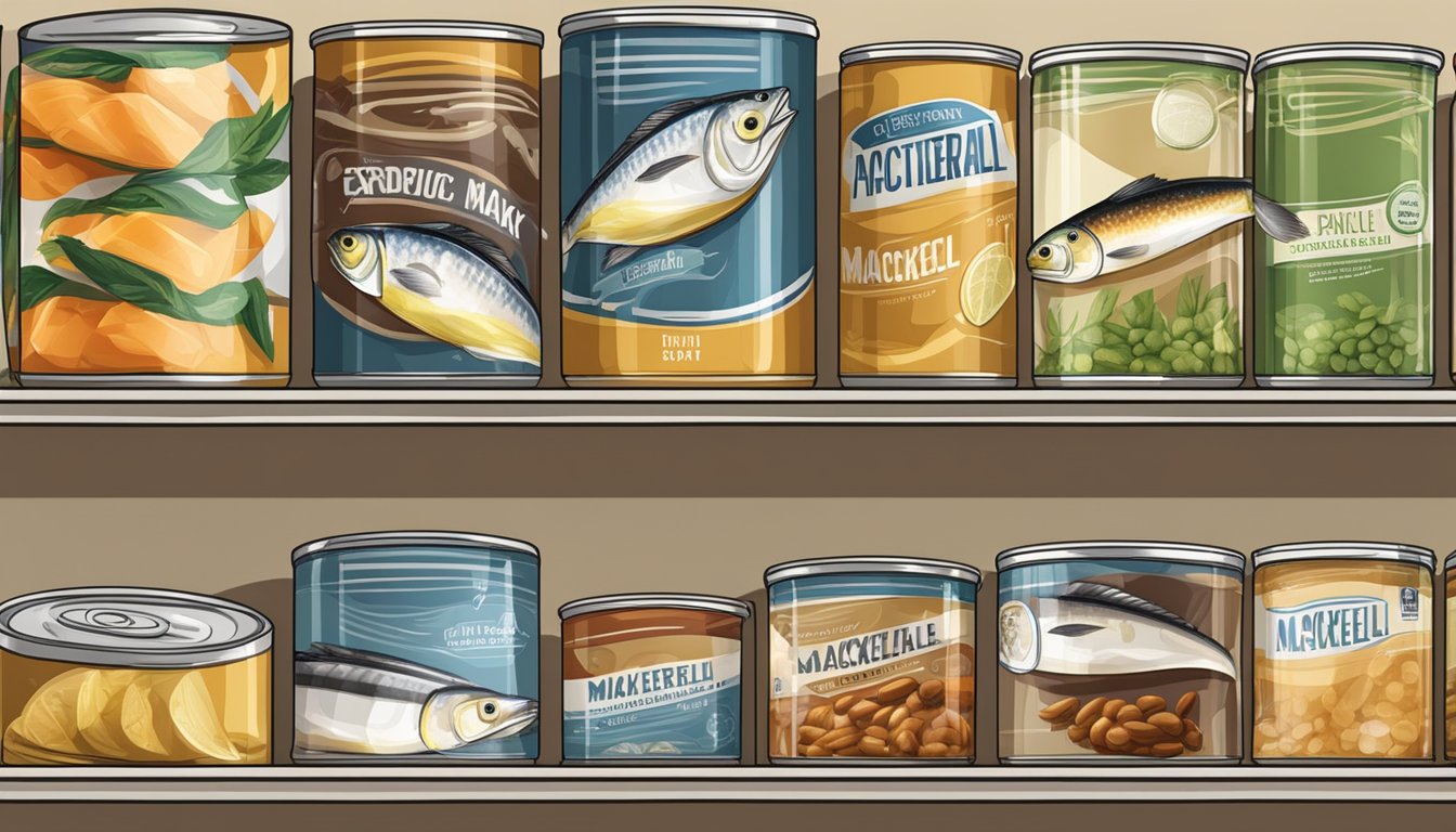 A pantry shelf with various canned goods, including mackerel, with expiration dates visible