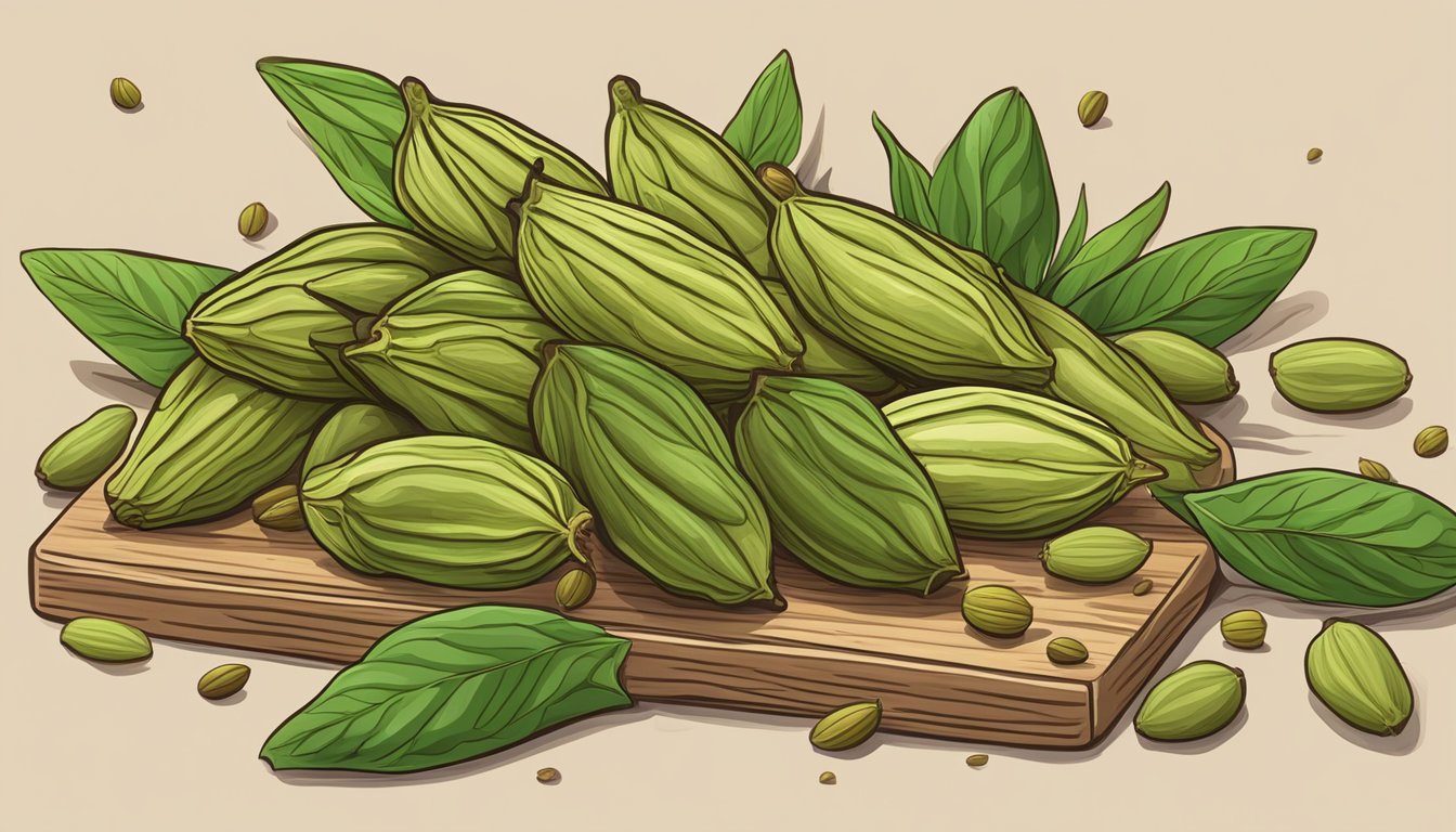 A collection of fresh cardamom pods arranged on a wooden cutting board, surrounded by scattered loose seeds