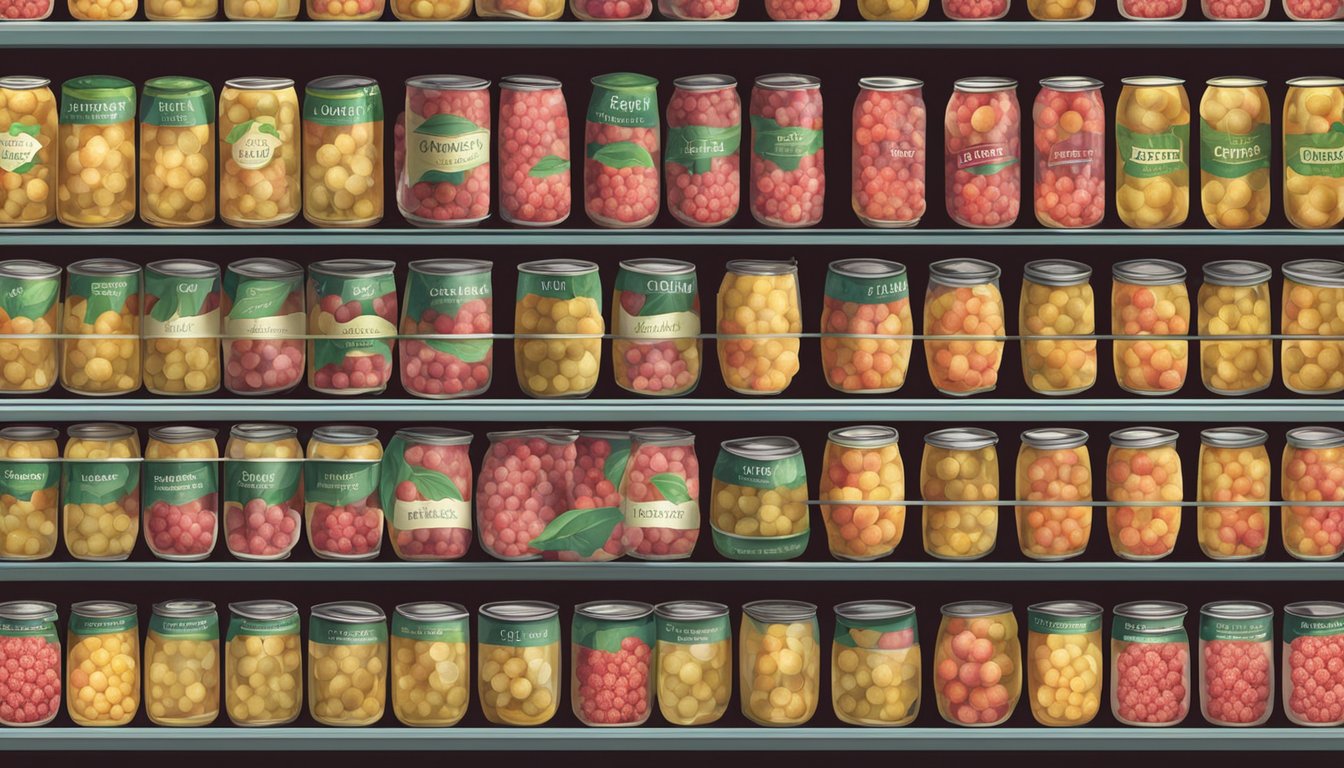 A shelf with rows of canned lychees, some with intact labels, in a dimly lit pantry