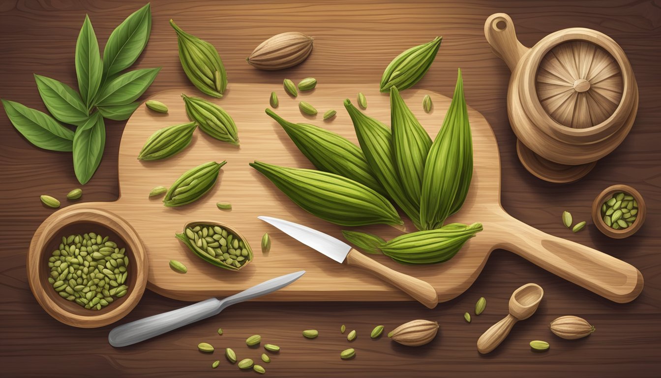 A collection of fresh cardamom pods arranged on a wooden cutting board, surrounded by various cooking utensils and a mortar and pestle