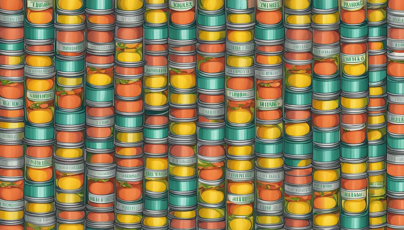 Canned lychees arranged neatly on a pantry shelf, with expiration dates clearly visible on each can