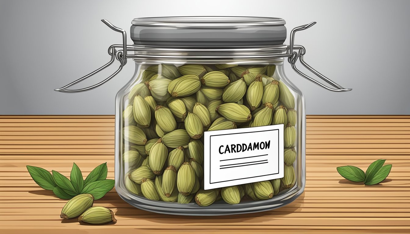 A glass jar filled with fresh cardamom pods, sealed tightly with a lid. A small label indicating the date of purchase and a note on the shelf life