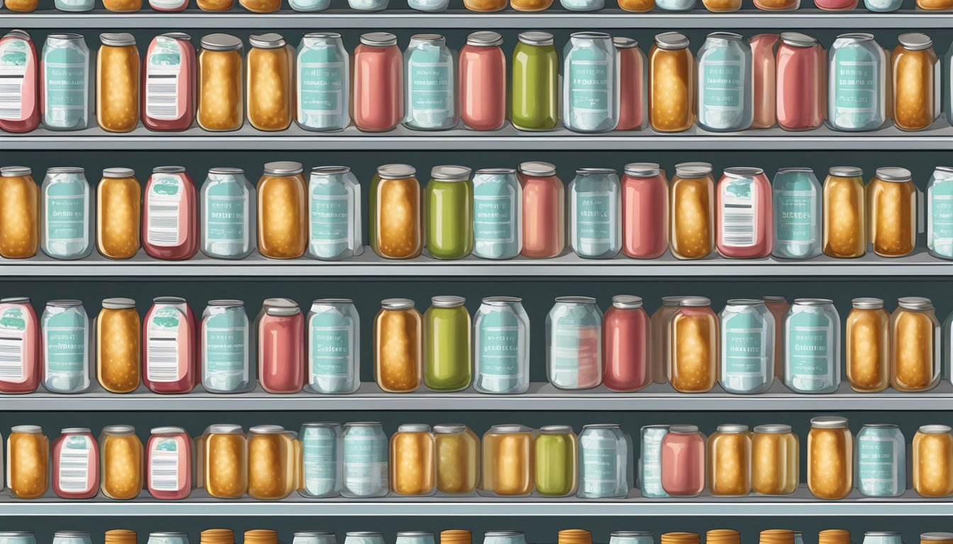 A pantry shelf with rows of canned lychees, some open, some unopened, with expiration dates visible on the labels