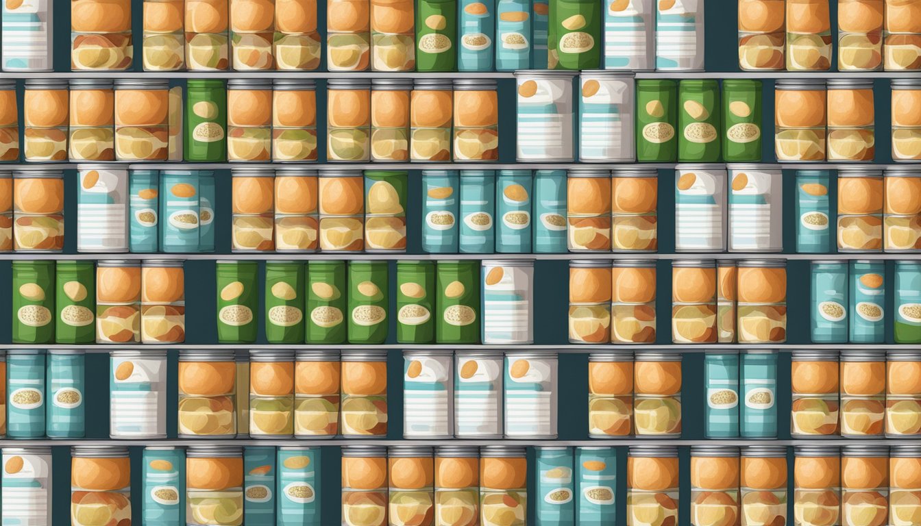 A pantry shelf with a row of canned lychees, expiration date visible