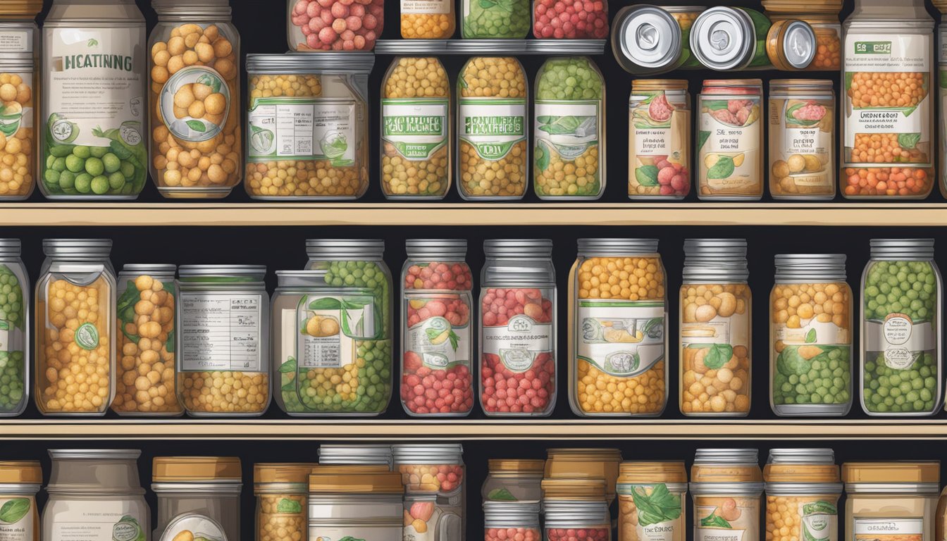 A pantry shelf with canned lychees, surrounded by expiration dates and economic indicators