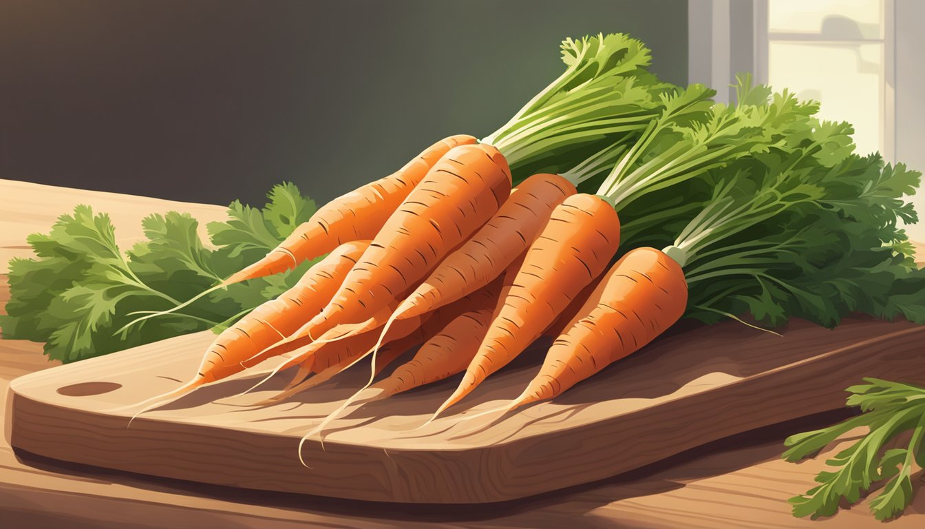 A pile of fresh carrots with green tops, sitting on a wooden cutting board in a sunlit kitchen