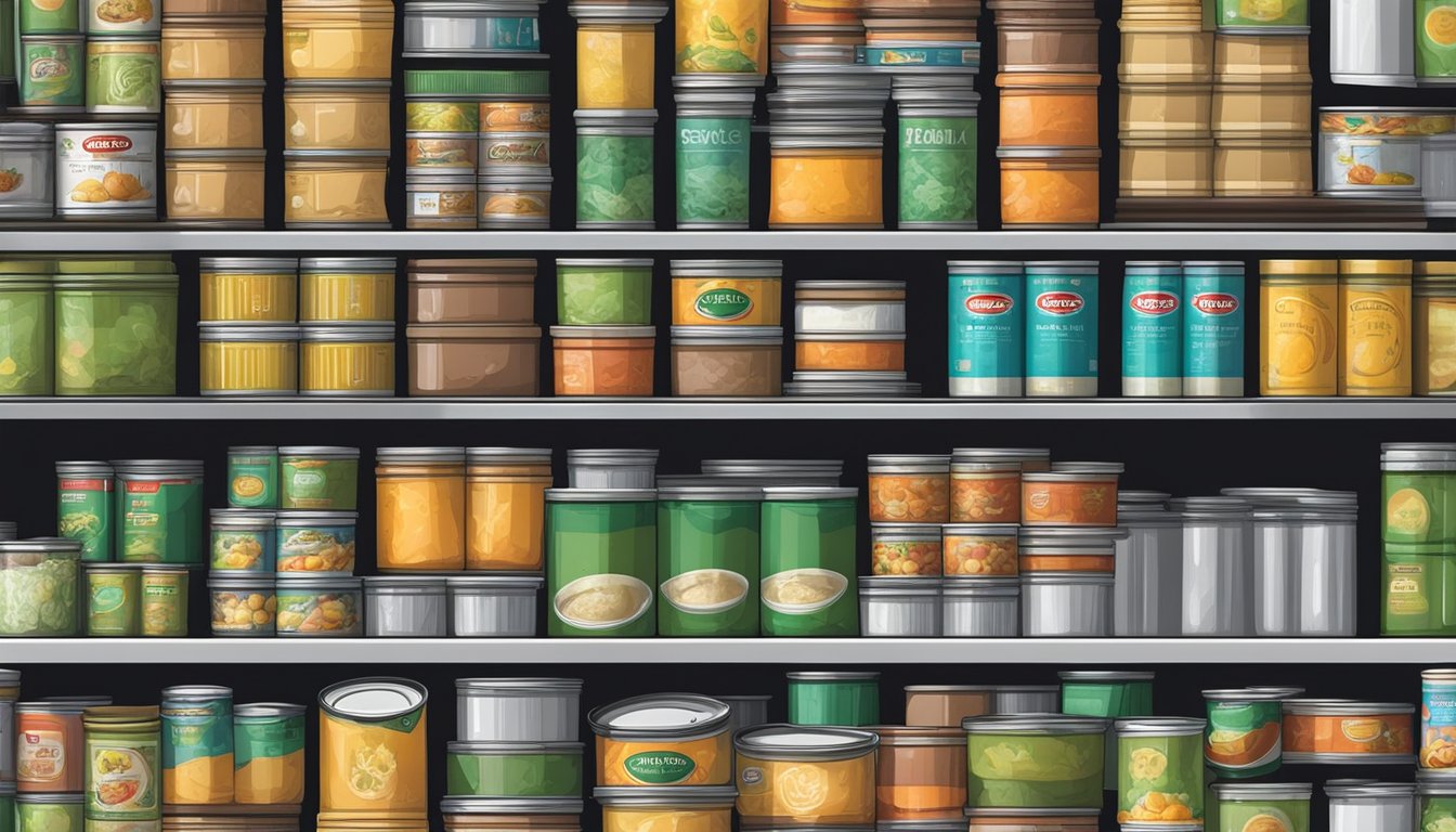 A pantry shelf with expired canned soups, bulging lids, and visible mold