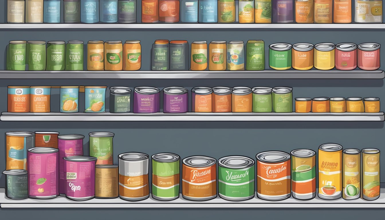 A shelf with various cans of soup, some opened, some unopened. A calendar on the wall with dates crossed off