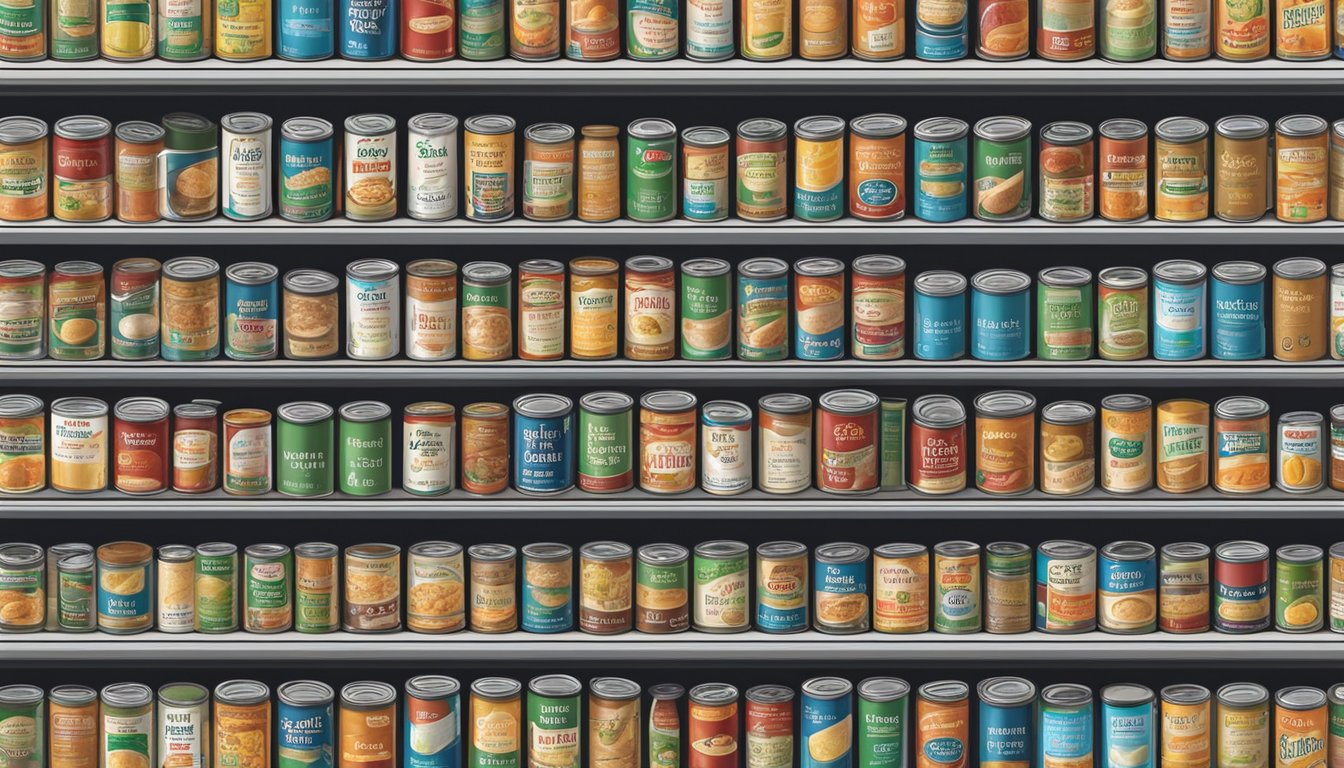 A pantry shelf filled with various types of canned soup, with expiration dates clearly visible on the labels