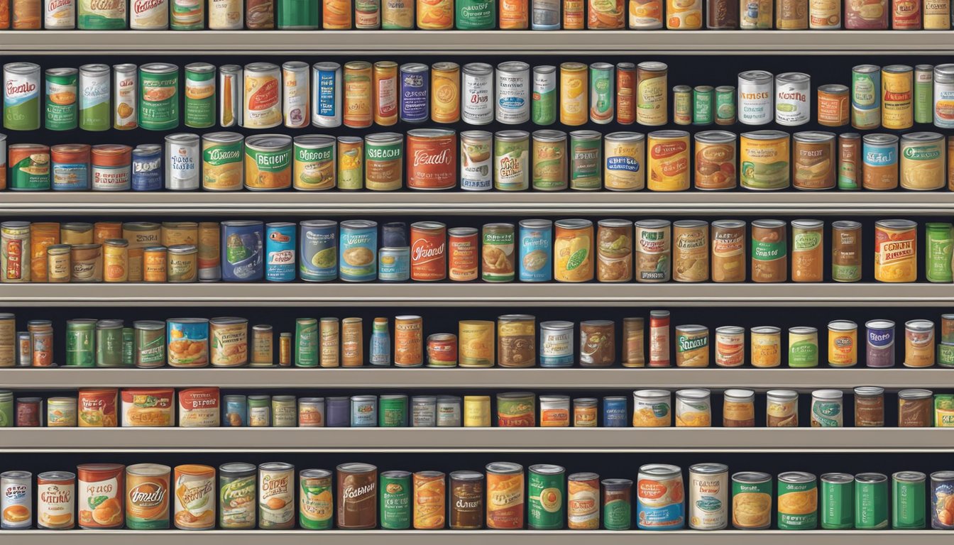 A pantry shelf with various canned soups, some partially used, with expiration dates visible