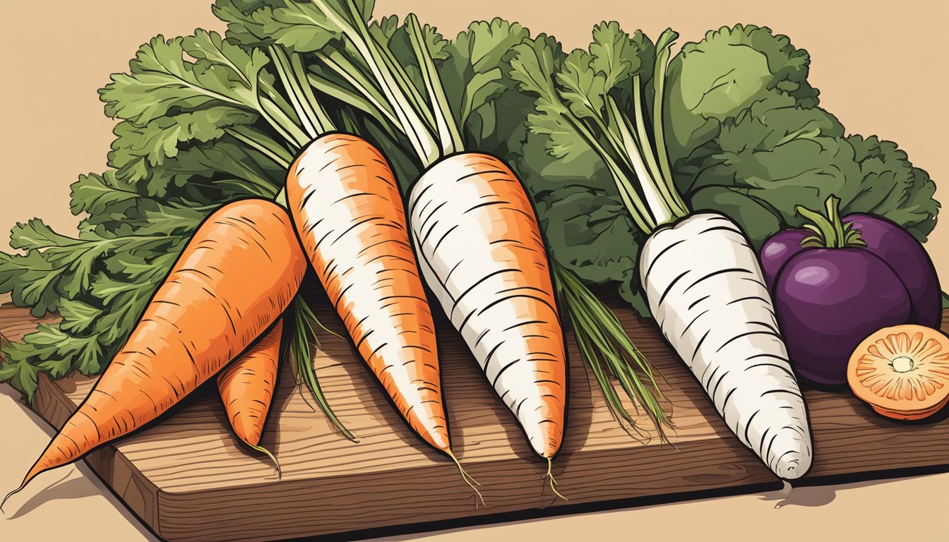 A bunch of carrots sits on a wooden cutting board next to other produce. Some of the carrots are whole, while others have been cut into smaller pieces