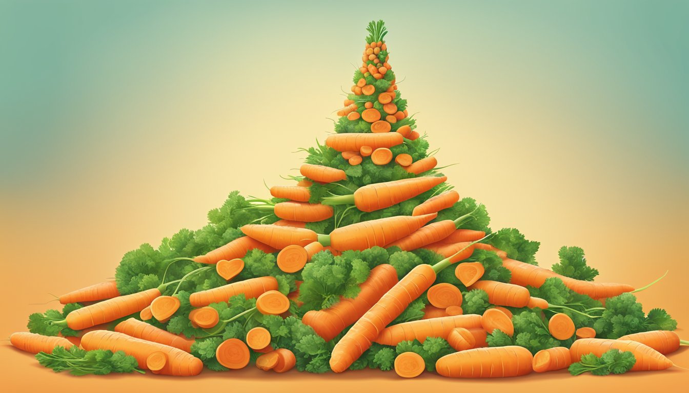 A colorful pile of carrots arranged in various creative ways, such as forming a tower, a spiral, and a heart shape