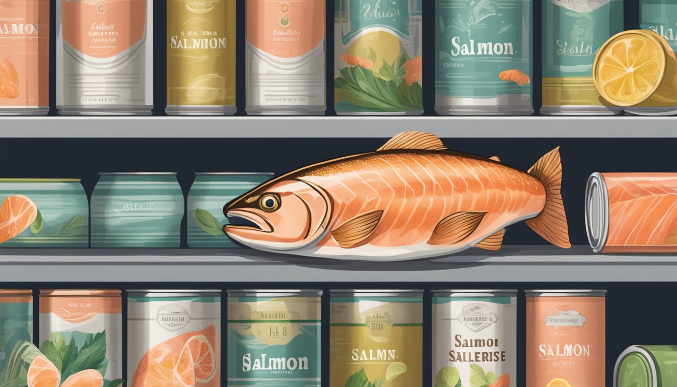 A can of salmon sits on a shelf, surrounded by other canned goods. The label is slightly faded, and there are small dents in the metal