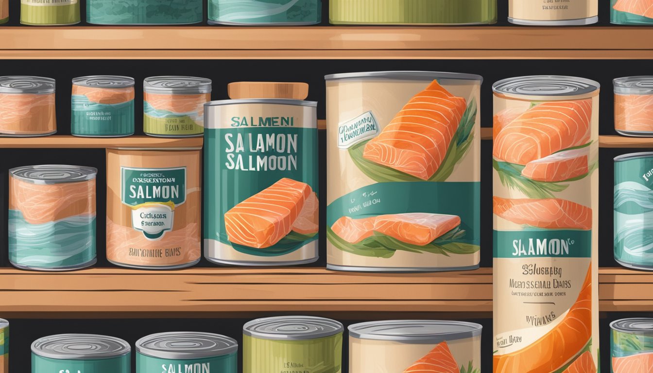 A pantry shelf with various canned foods, including a can of salmon. The label on the salmon can indicates the expiration date