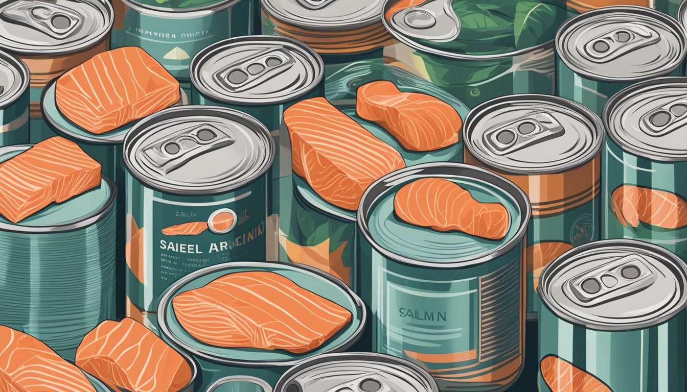 A can of salmon sits on a shelf, surrounded by other canned goods. The label is clean and unopened, indicating freshness