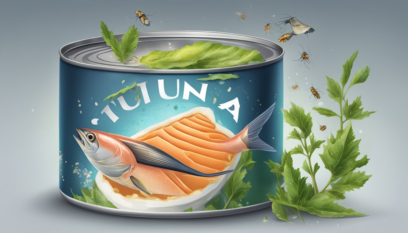 An open can of tuna with a pungent odor, surrounded by mold and insects