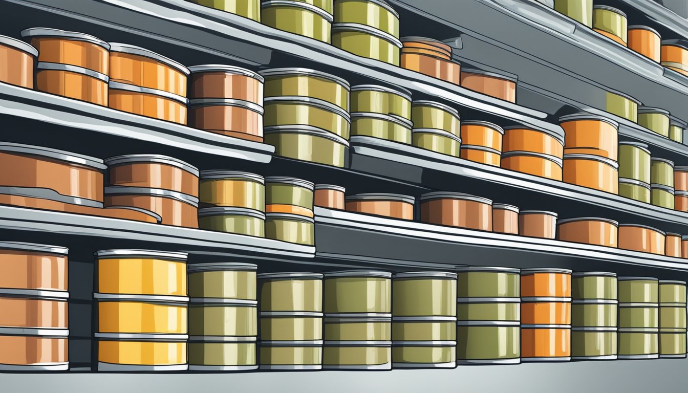 A pantry shelf with neatly organized rows of canned tuna, some with expiration dates visible