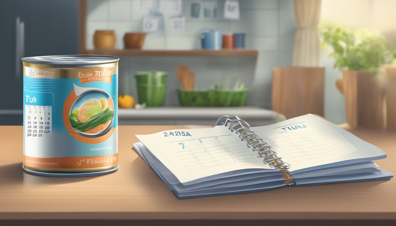 A can of tuna surrounded by a calendar, showing the current date and a date in the future, with an open refrigerator in the background