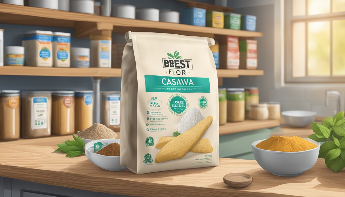 A sealed bag of cassava flour on a pantry shelf, with a "best by" date printed on the packaging