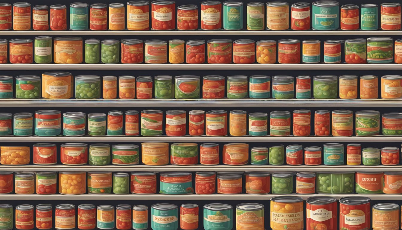 A pantry shelf with rows of neatly stacked canned tomatoes in various sizes and labels