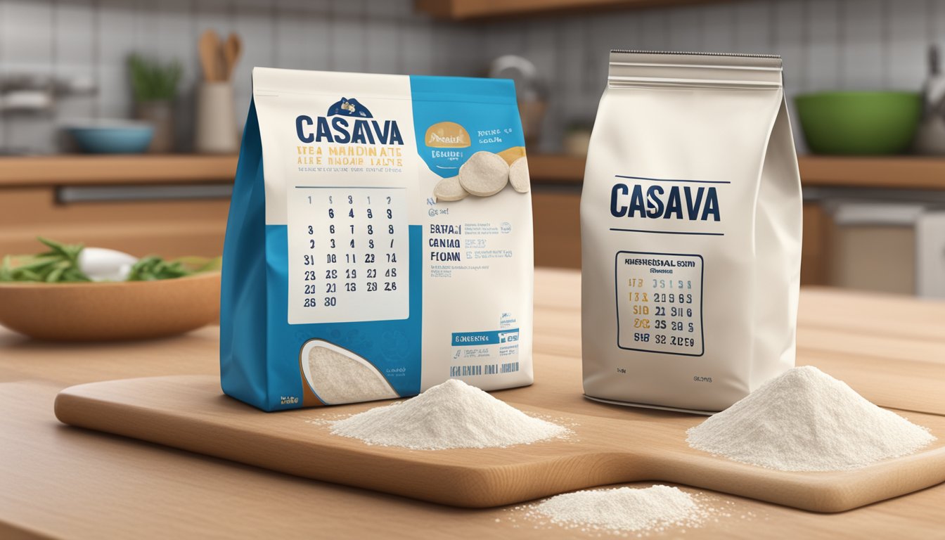 A bag of cassava flour sits on a kitchen counter, next to a calendar showing the current date and a label indicating the expiration date