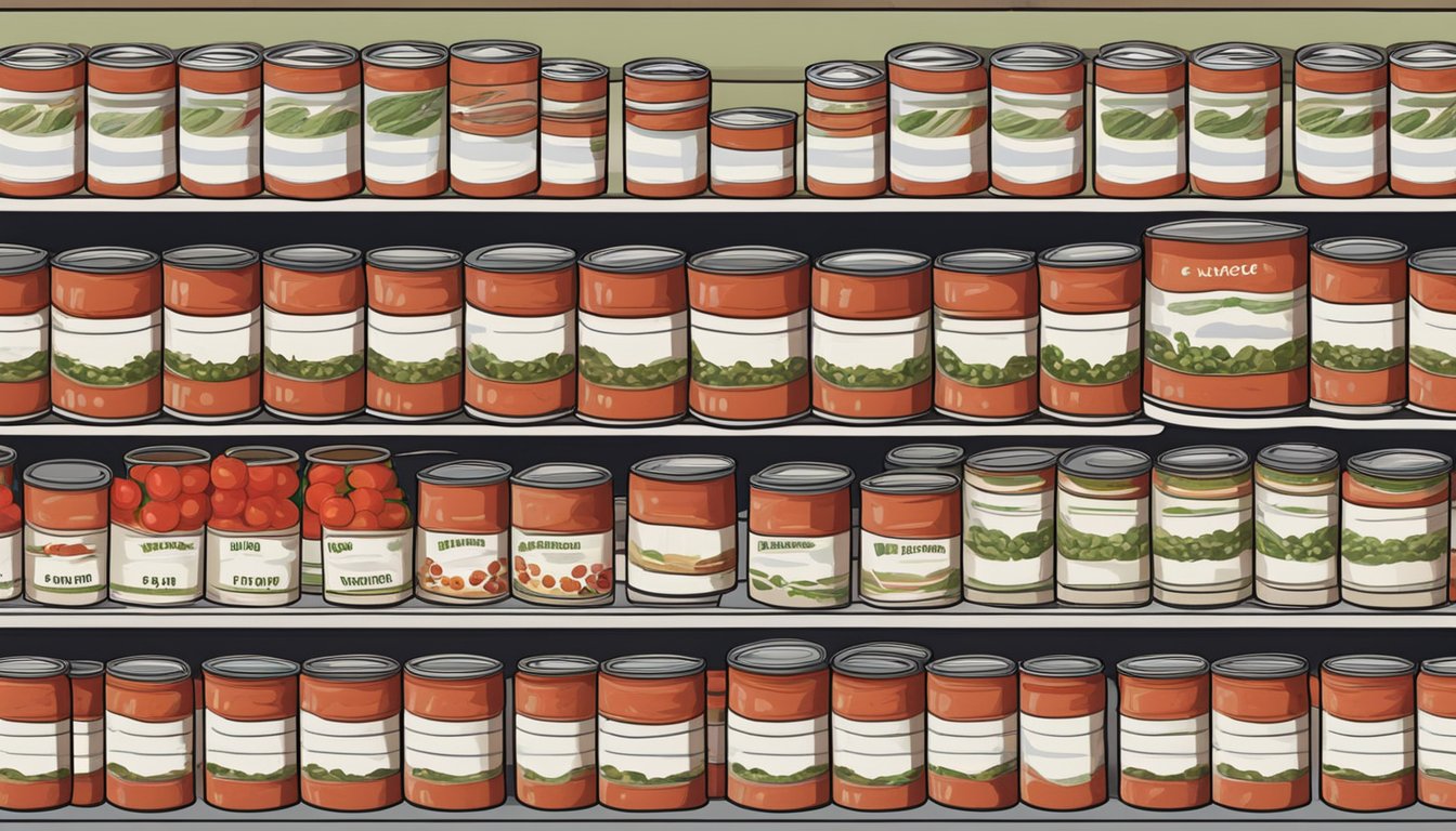 A pantry shelf with neatly lined up canned tomatoes, some with expiration dates visible