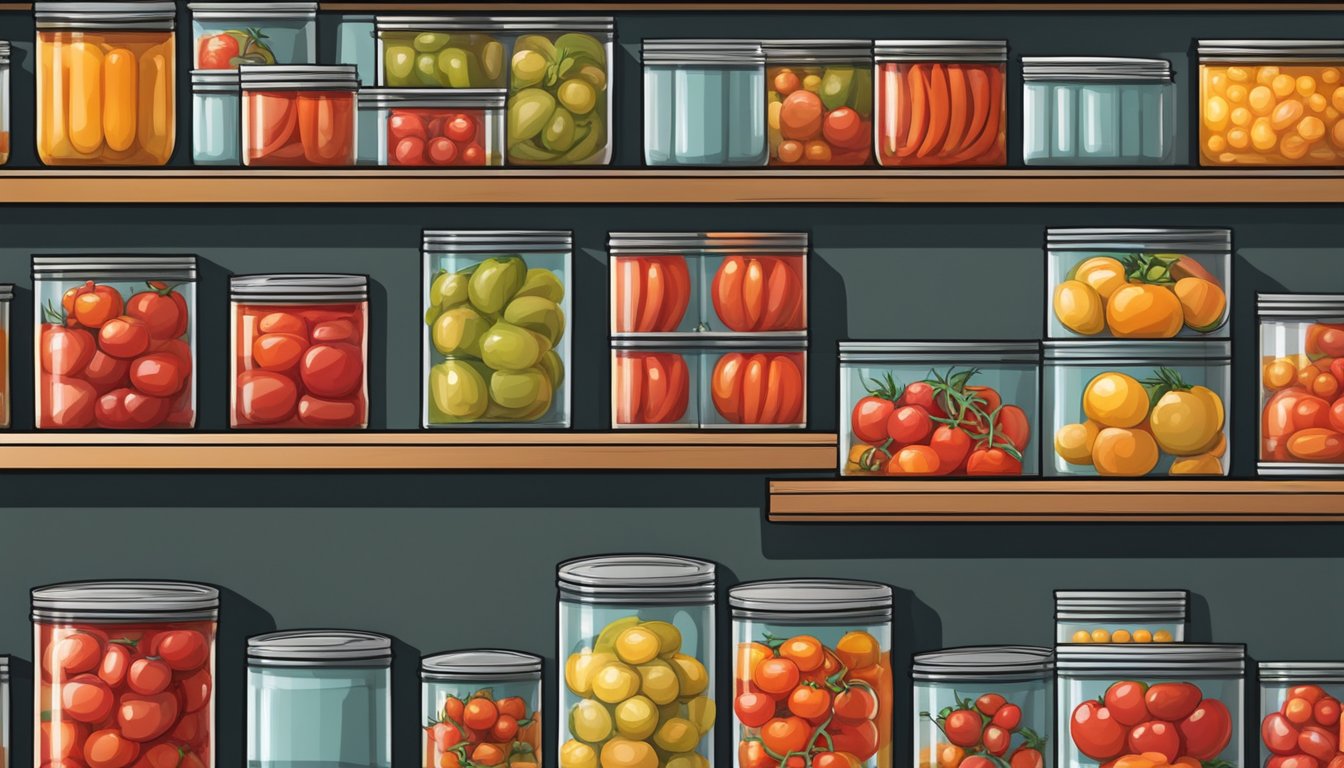 A pantry shelf with neatly stacked canned tomatoes, surrounded by a cool, dry environment