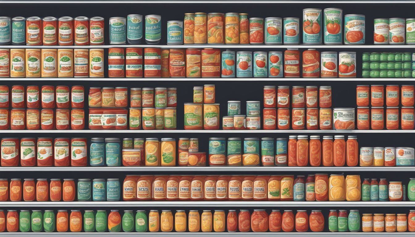 A pantry shelf with rows of canned tomatoes, some with expiration dates visible