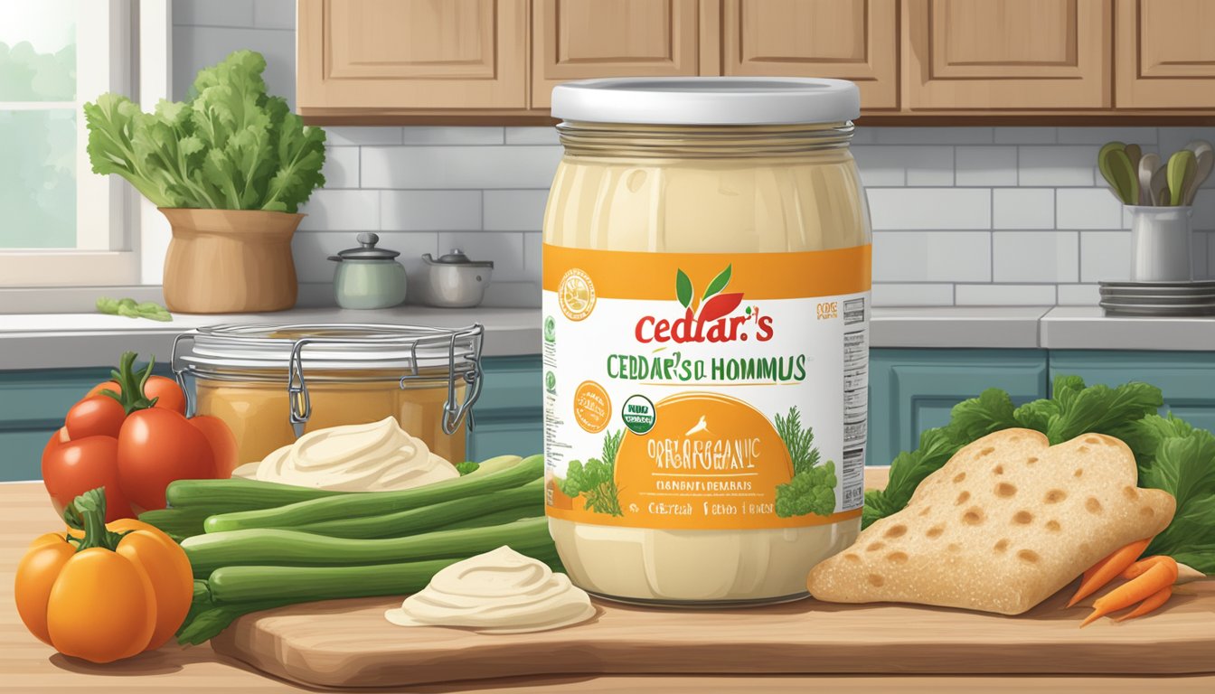 A jar of Cedar's Organic Original Hommus sits unopened on a clean kitchen counter, surrounded by fresh vegetables and pita bread