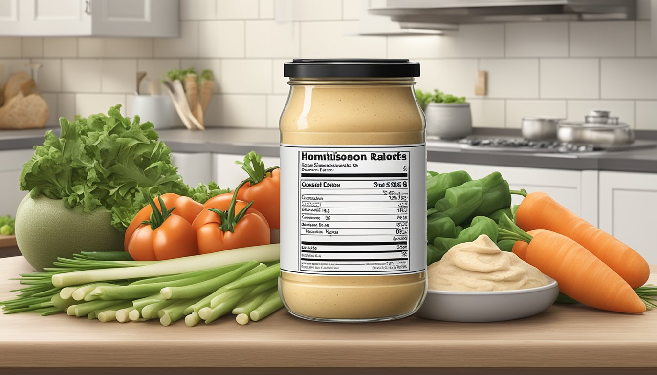 A jar of Cedar's Organic Original Hommus sits on a kitchen countertop, surrounded by fresh vegetables and pita bread. A nutrition label with expiration date is visible