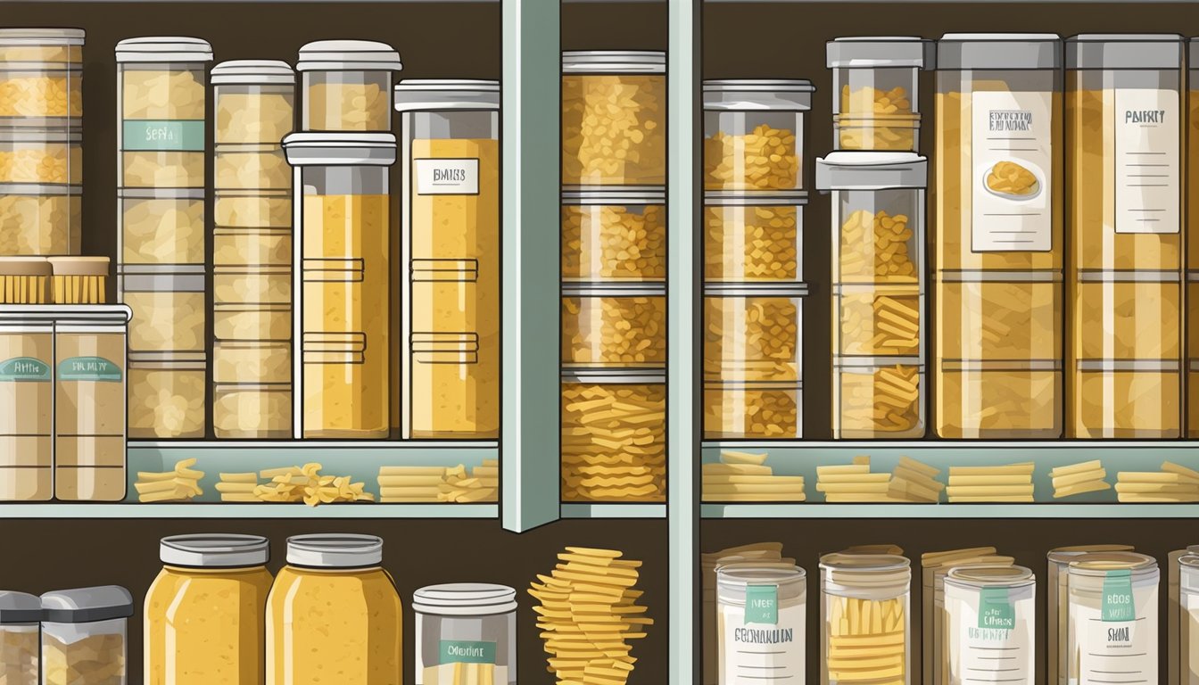 A pantry shelf with neatly organized containers of dried pasta, including cannelloni, alongside labeled expiration dates