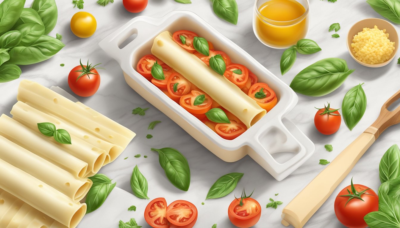 Fresh cannelloni pasta on a clean, white marble surface, surrounded by various ingredients like tomatoes, basil, and cheese