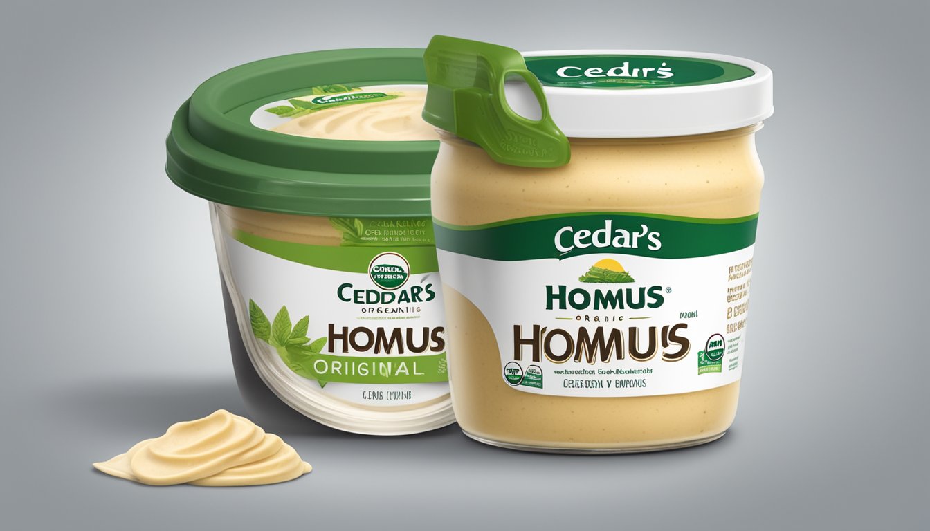 A freshly opened container of Cedar's Organic Original Hommus with a "Best By" date visible on the label