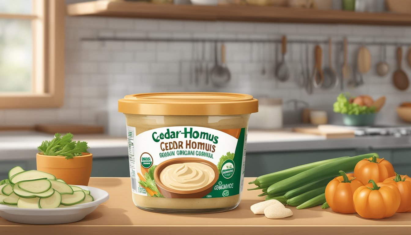 A jar of Cedar's Organic Original Hommus sits on a kitchen counter, surrounded by fresh vegetables and pita bread. The lid is slightly ajar, indicating it has been recently opened