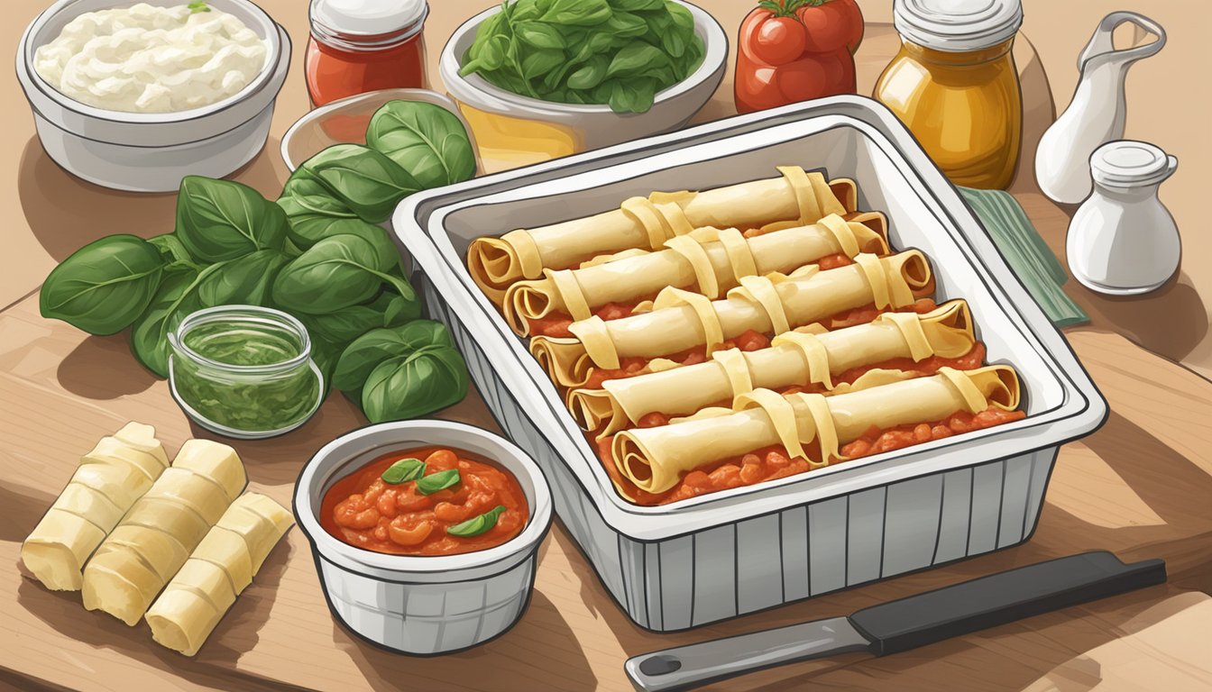 A box of cannelloni pasta sits on a kitchen counter, surrounded by ingredients like ricotta cheese, spinach, and marinara sauce