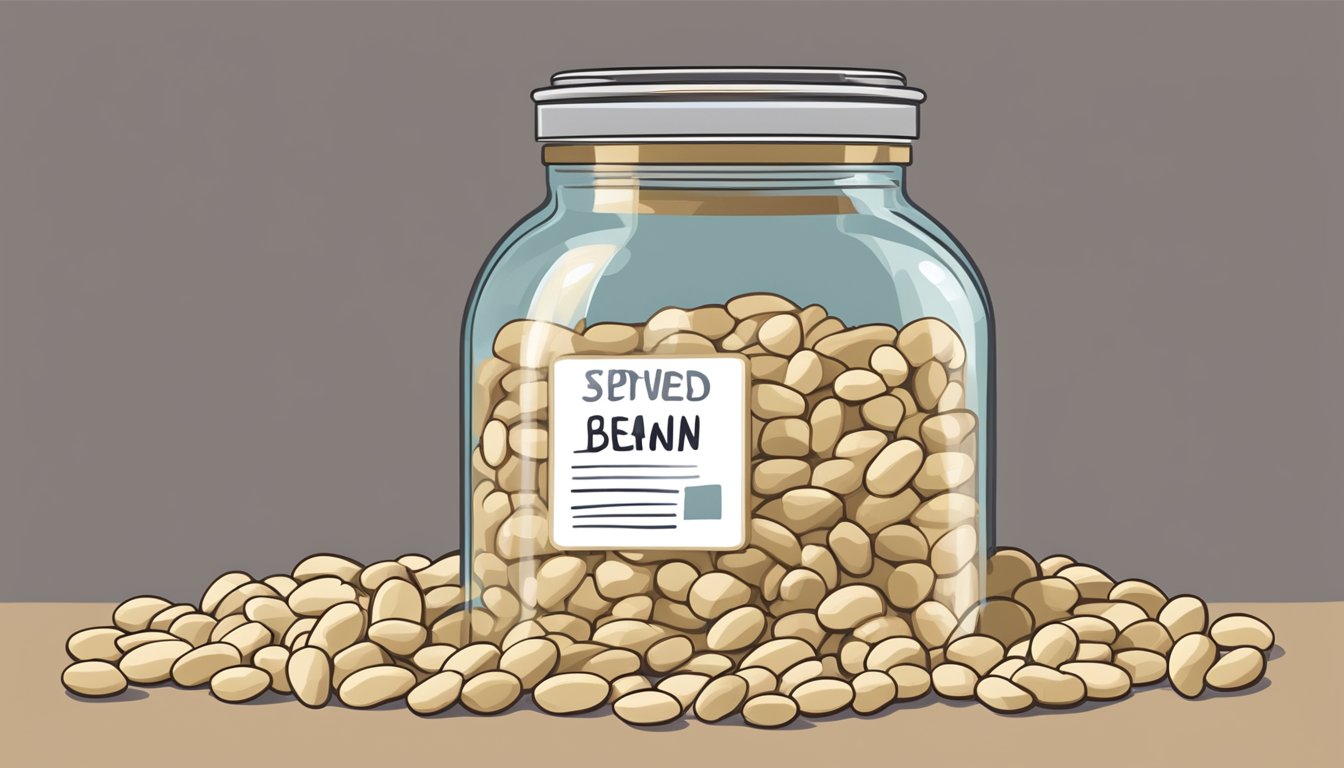 A pile of dried cannellini beans in a glass jar, with a label indicating the expiration date