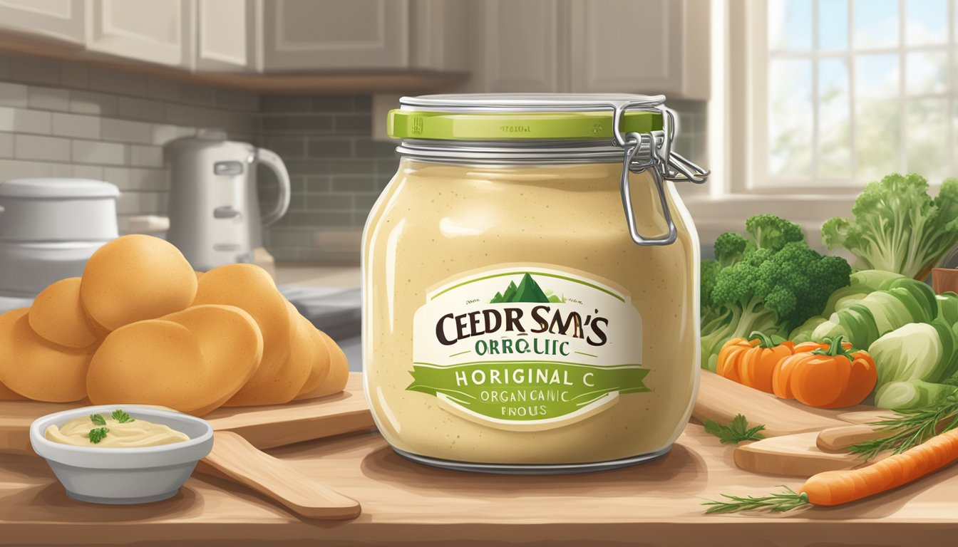 A jar of Cedar's Organic Original Hommus sits on a clean kitchen countertop, surrounded by fresh vegetables and pita bread