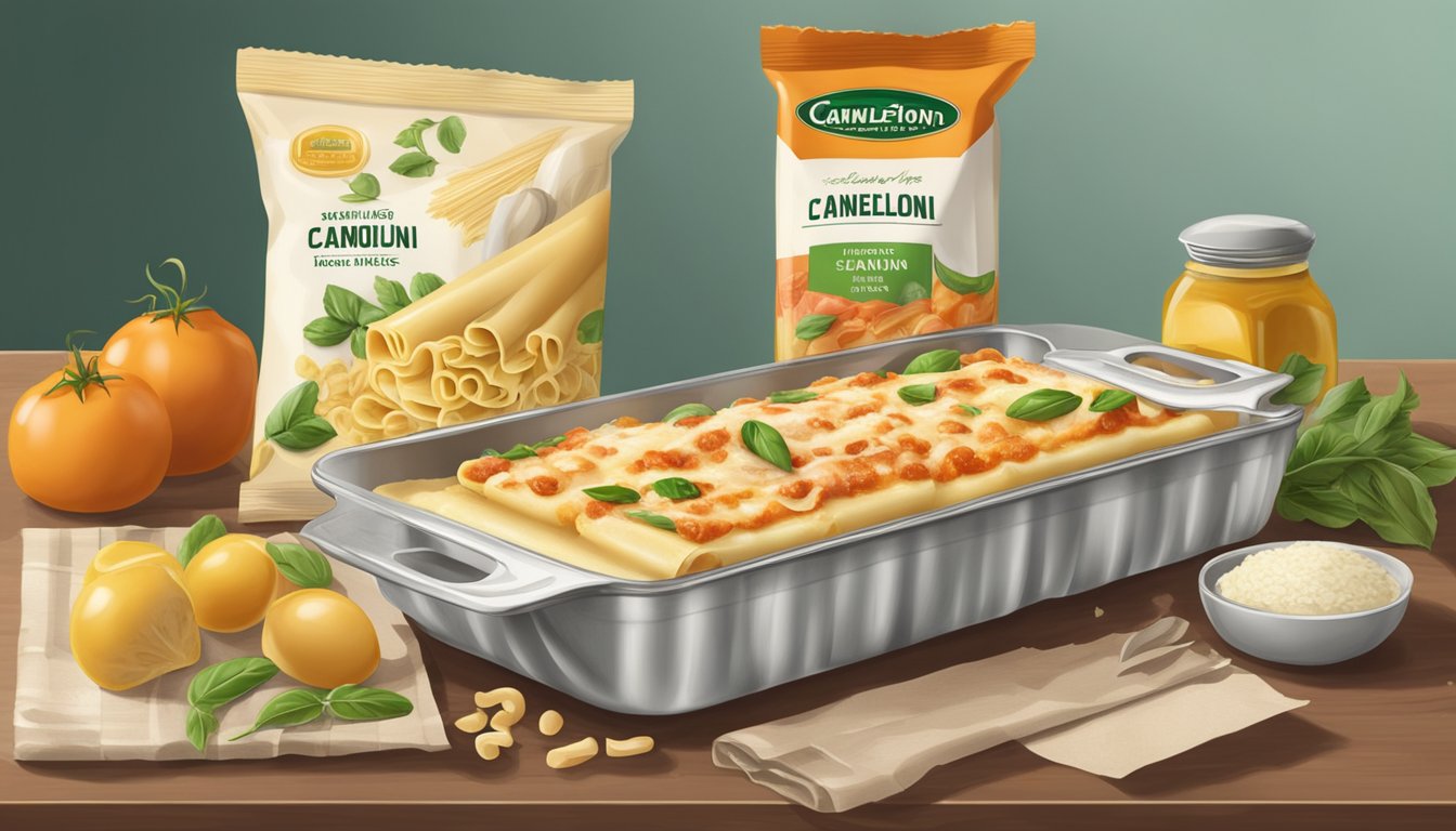 A package of cannelloni pasta sits on a kitchen counter, surrounded by various ingredients and utensils. The expiration date on the package is faintly visible