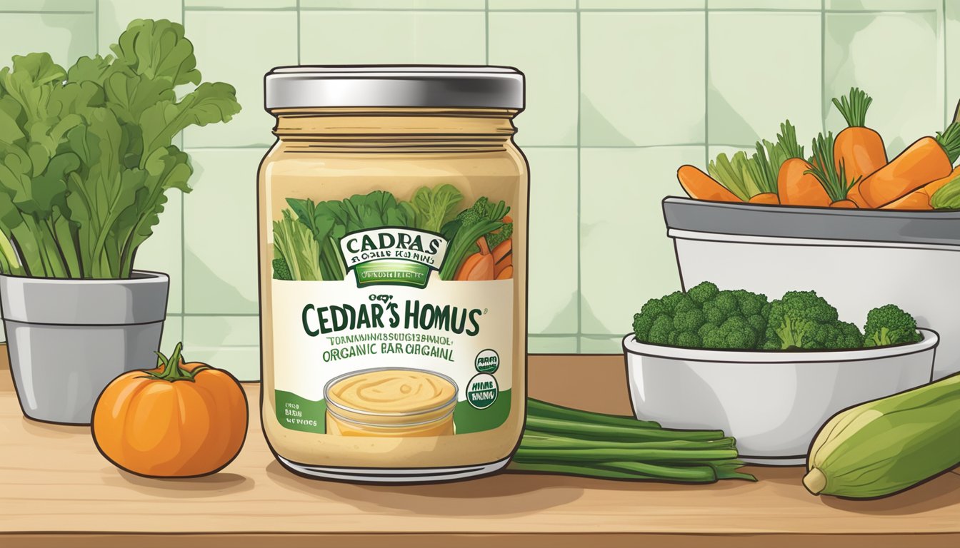 A jar of Cedar's Organic Original Hommus sits on a kitchen counter, surrounded by fresh vegetables and pita bread. The lid is tightly sealed, indicating its freshness