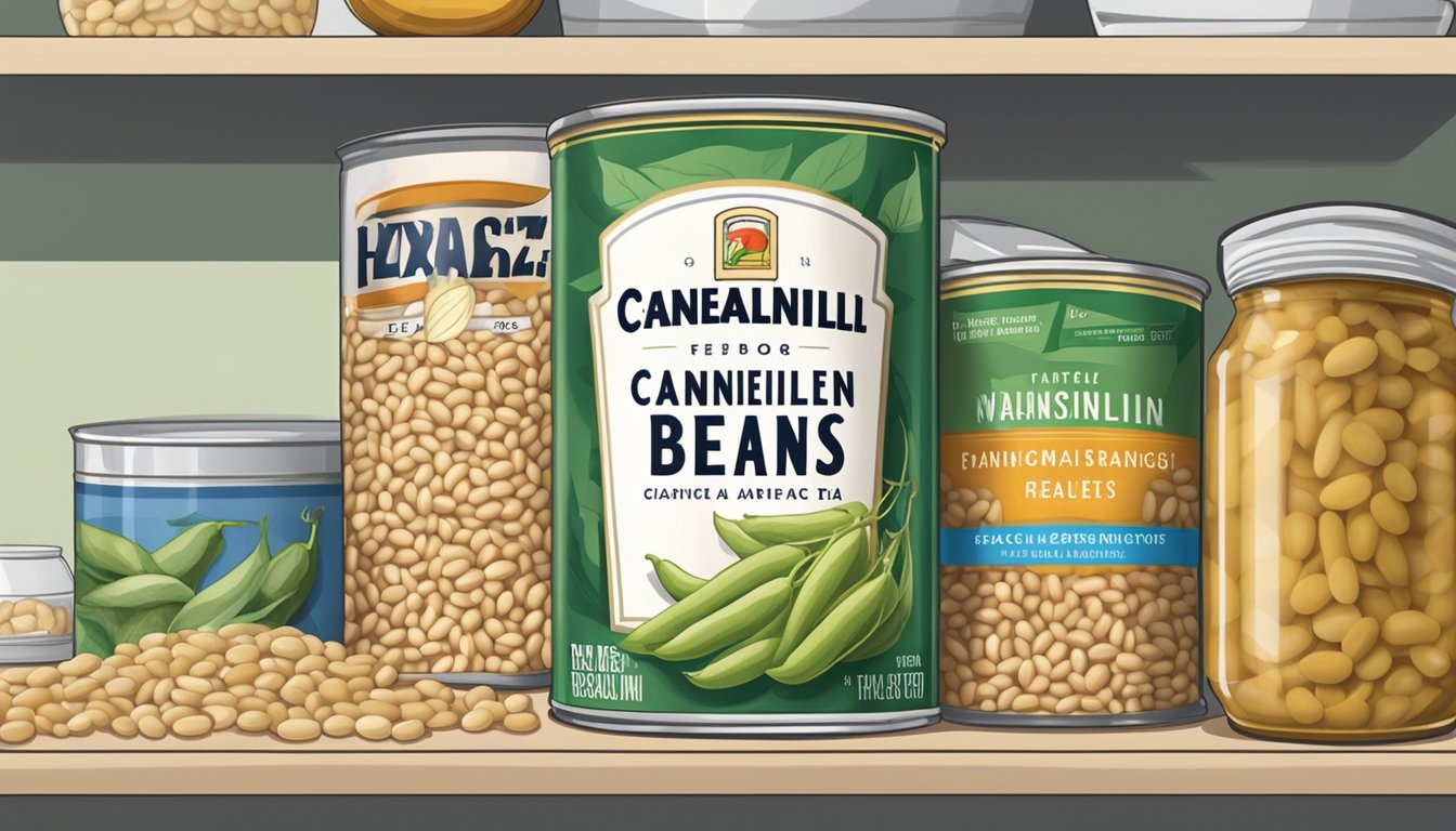 A can of cannellini beans sits on a kitchen shelf, surrounded by other pantry items. The expiration date on the label is visible, and the beans appear intact and unspoiled