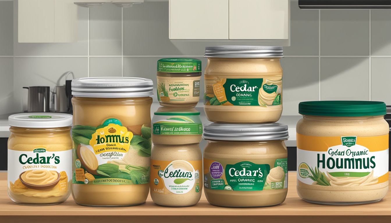 A jar of Cedar's Organic Original Hommus sits on a kitchen counter next to other brands of hummus. The expiration date is prominently displayed on the jar