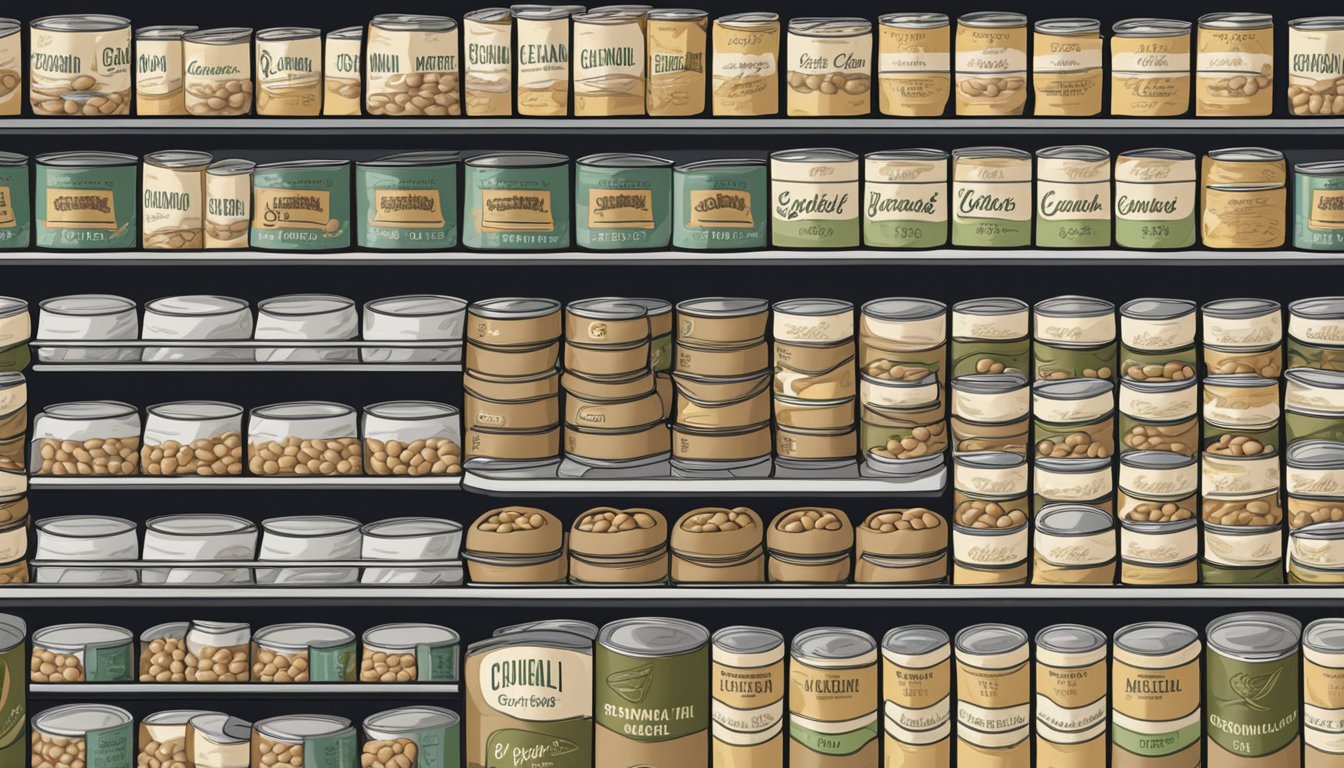 A pantry shelf filled with neatly organized rows of canned cannellini beans, with expiration dates clearly visible on the labels