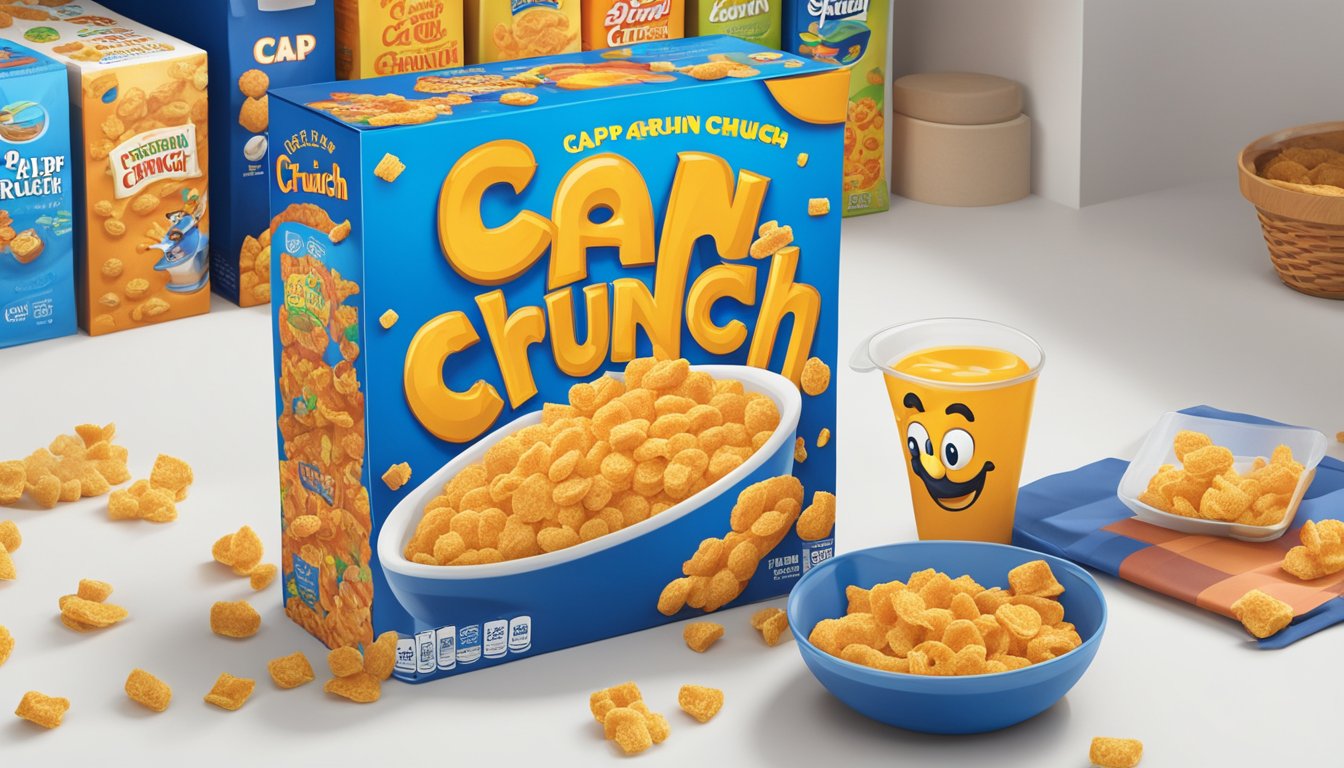 A box of Cap'n Crunch cereal sits on a shelf, surrounded by other food items. The expiration date is visible on the packaging