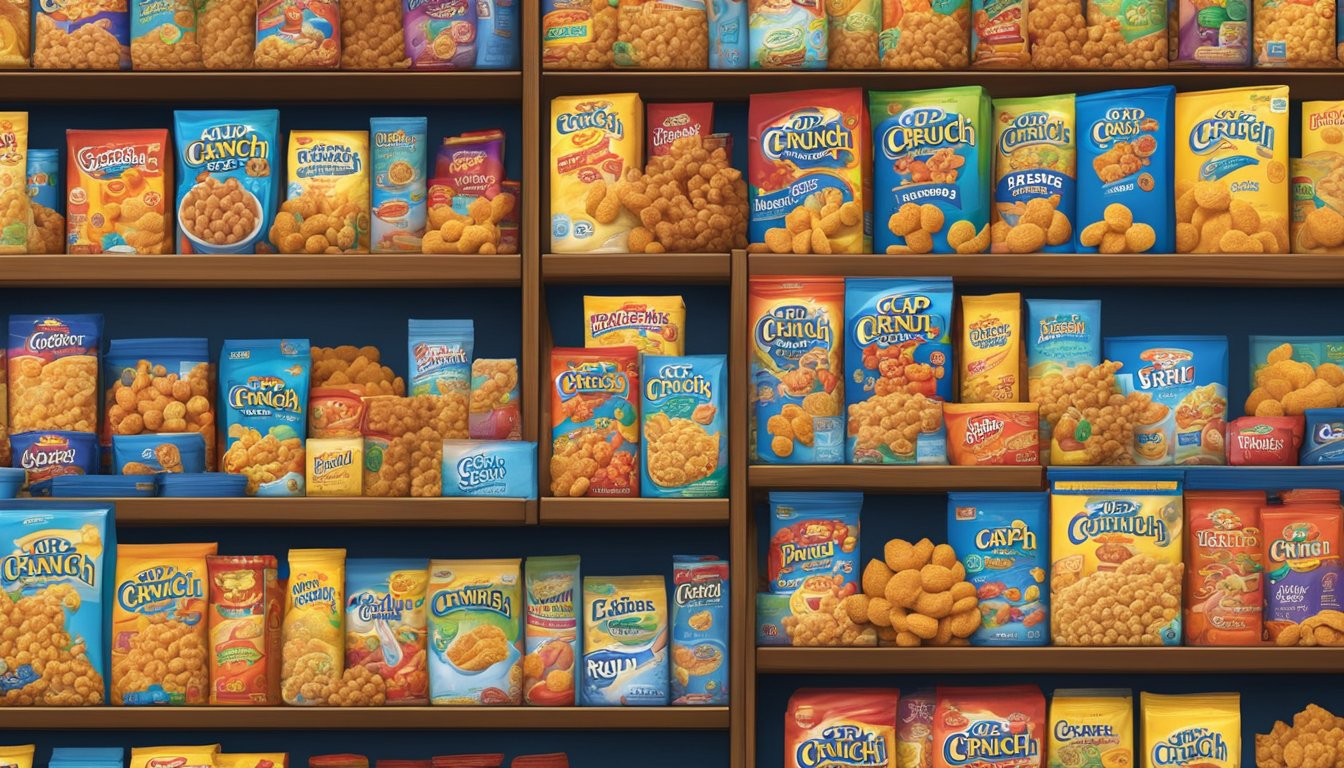 A box of Cap'n Crunch cereal sitting on a pantry shelf, surrounded by other food items