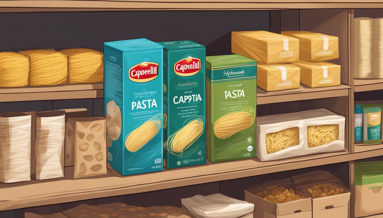 A package of capellini pasta sits on a shelf in a pantry, surrounded by other dry goods. The packaging is intact and shows no signs of damage or spoilage