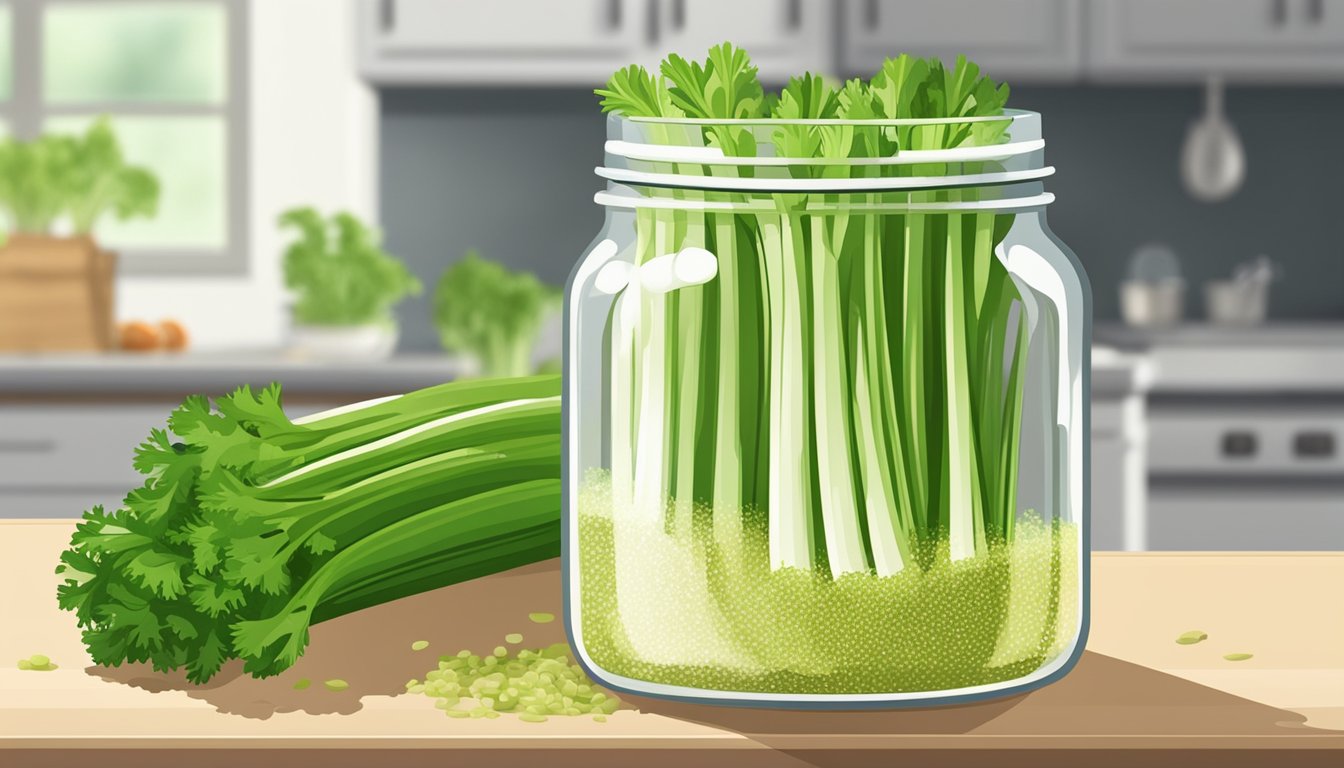 A jar of celery salt sits on a kitchen counter, next to a bunch of fresh celery. The salt is sprinkled on a dish, adding flavor