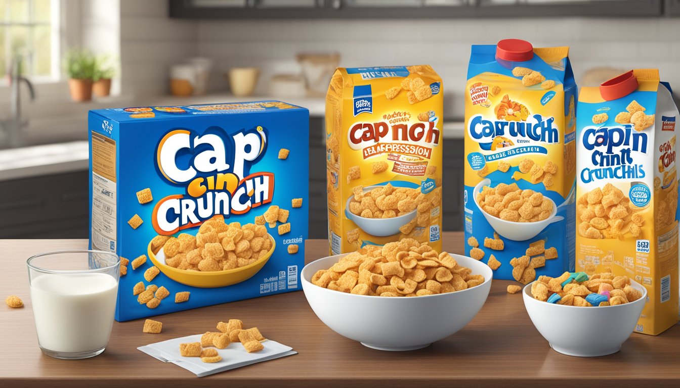 A box of Cap'n Crunch cereal sits unopened on a kitchen counter, surrounded by various expiration date labels and a bowl of milk